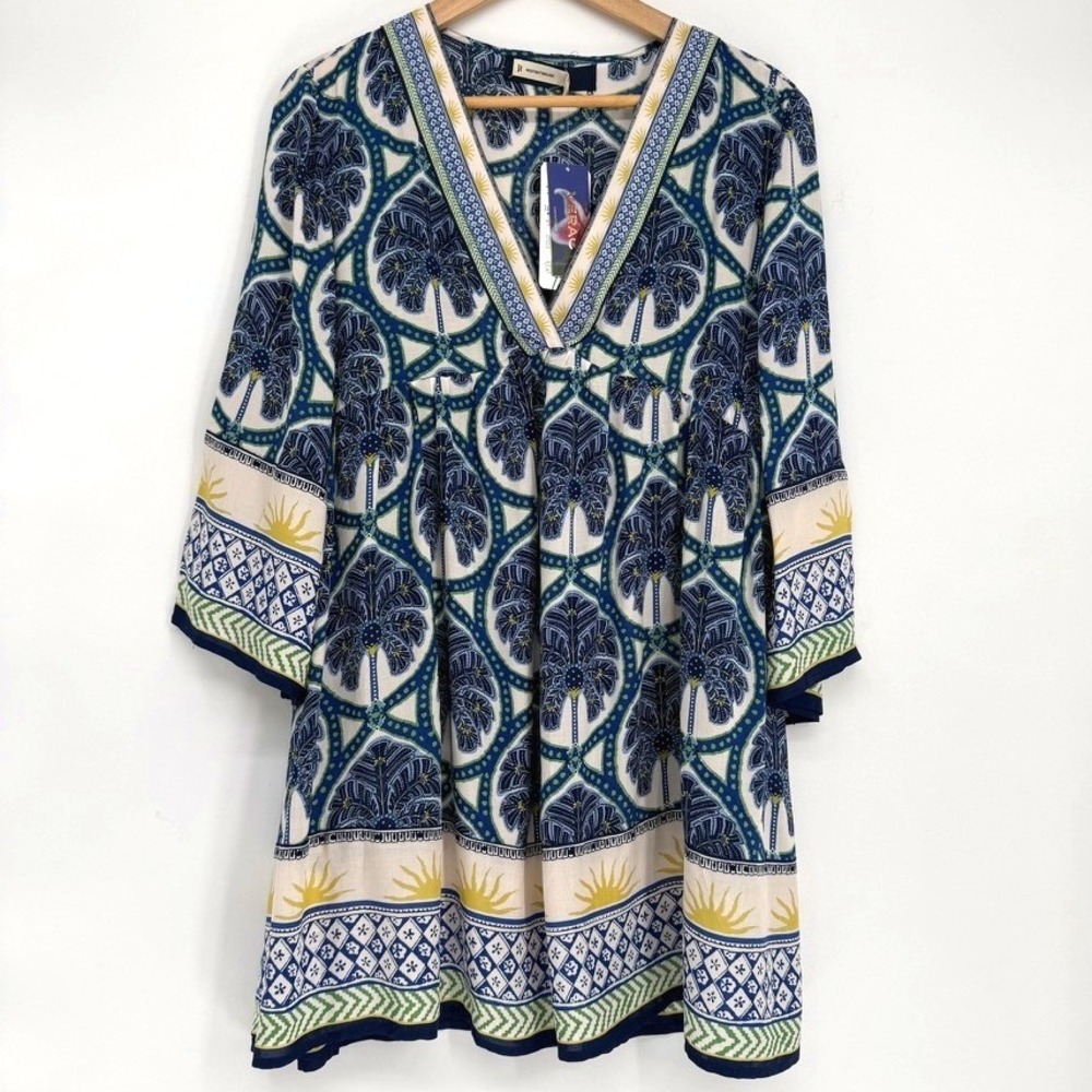 NWT Women'secret Blue Green Tropical Palm Print Resort Dress M